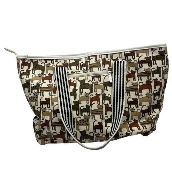 Unknown Handbags - Cat-Print Canvas Tote Bag With Zipper Closure & Striped Handles 18"x12"x5" 76c